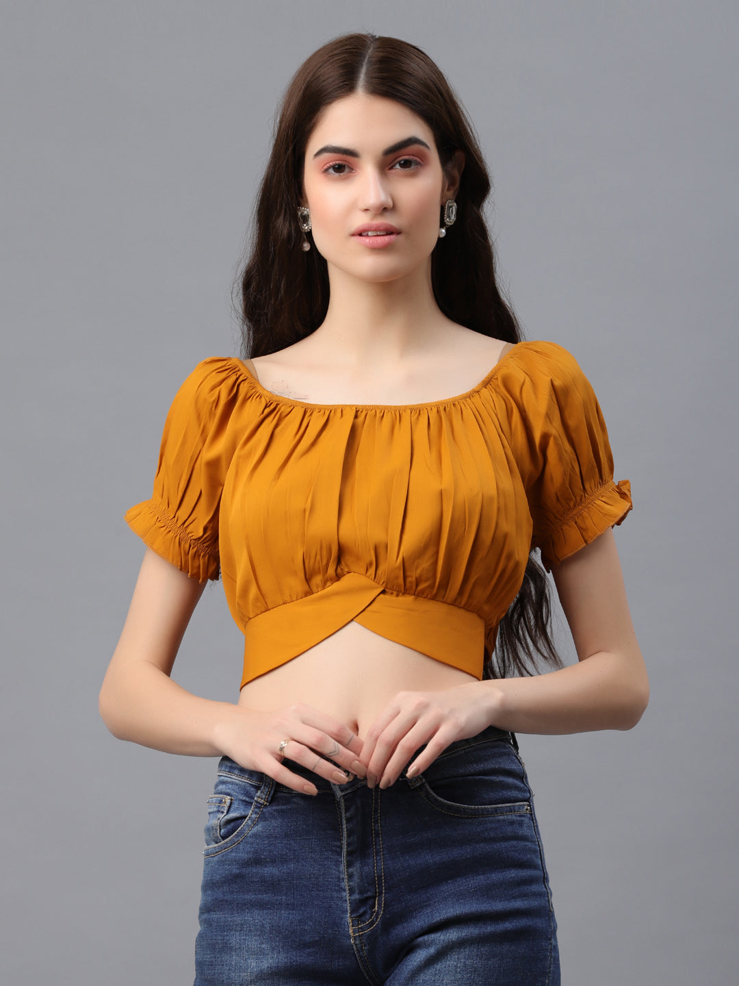 Casual Puff Sleeves Checkered Women Brown Top