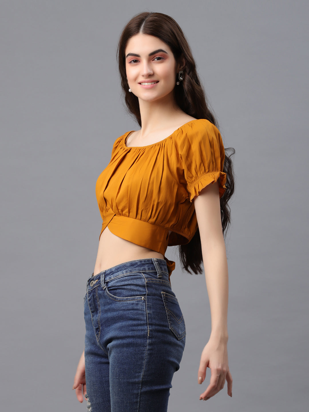 Casual Puff Sleeves Checkered Women Brown Top