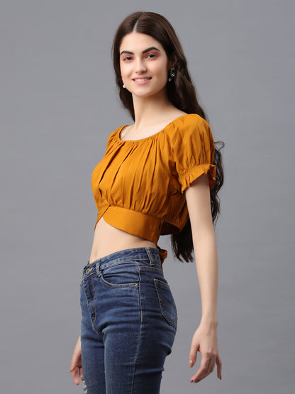Casual Puff Sleeves Checkered Women Brown Top