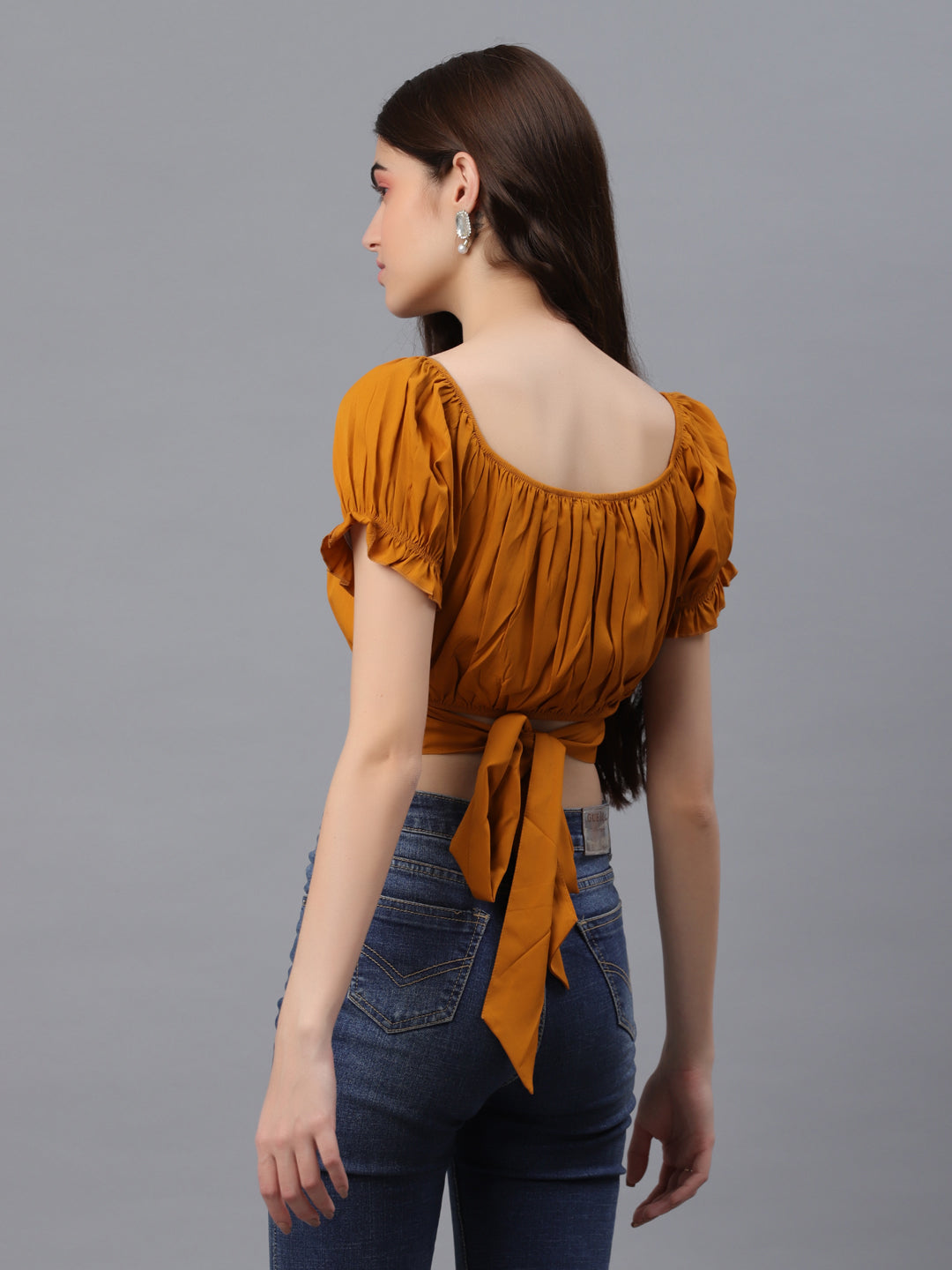 Casual Puff Sleeves Checkered Women Brown Top