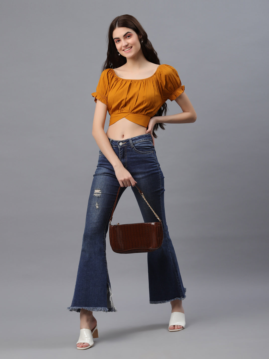 Casual Puff Sleeves Checkered Women Brown Top