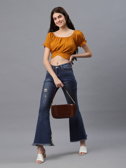 Casual Puff Sleeves Checkered Women Brown Top