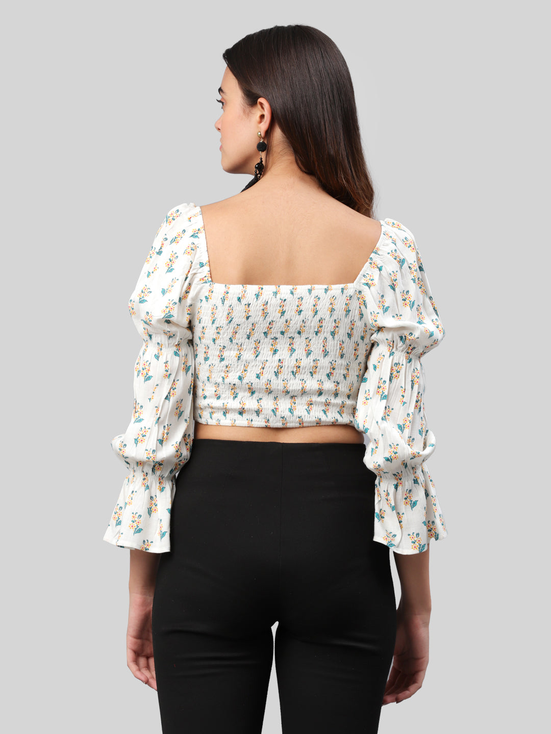 Casual Puff Sleeves Printed Women White Top