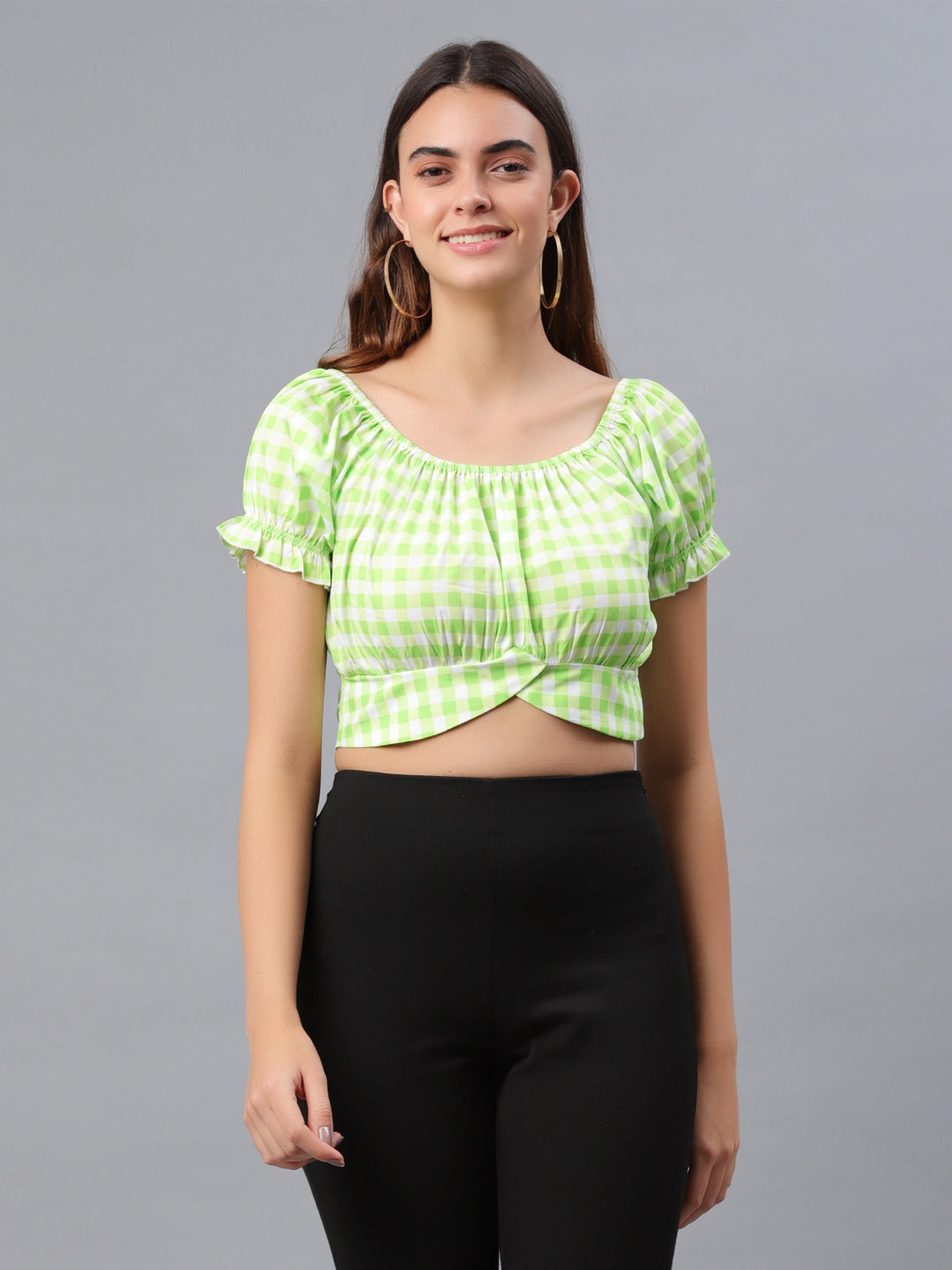 Casual Puff Sleeves Checkered Women Green Top