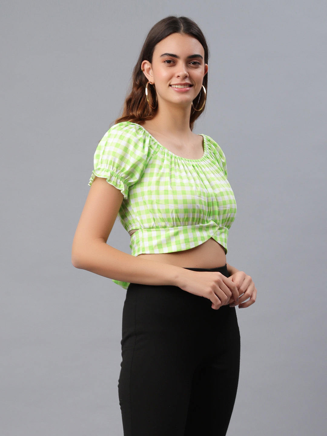 Casual Puff Sleeves Checkered Women Green Top