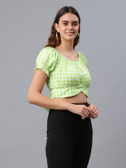 Casual Puff Sleeves Checkered Women Green Top