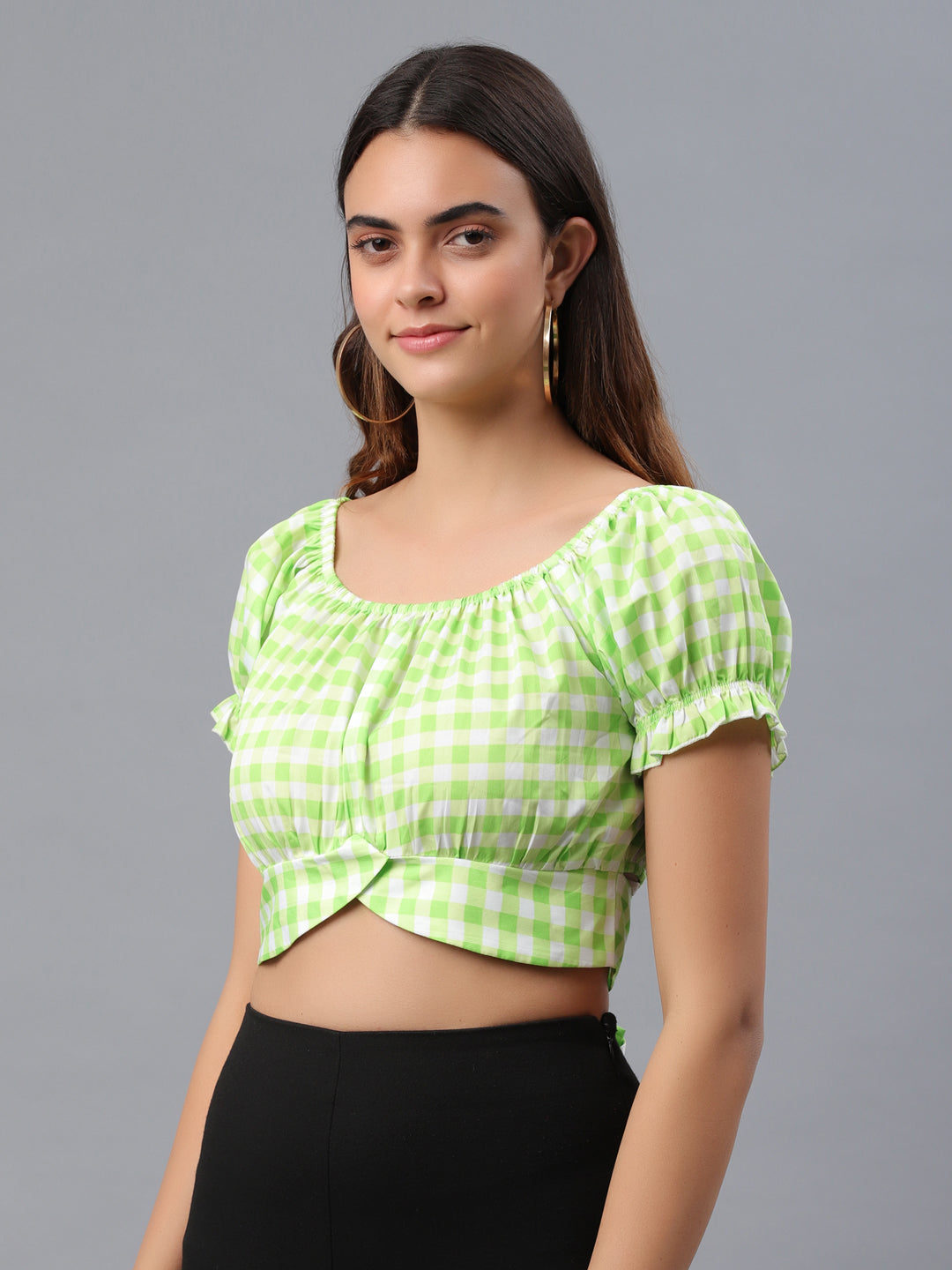 Casual Puff Sleeves Checkered Women Green Top