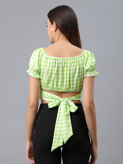 Casual Puff Sleeves Checkered Women Green Top