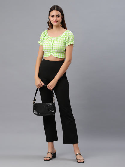 Casual Puff Sleeves Checkered Women Green Top