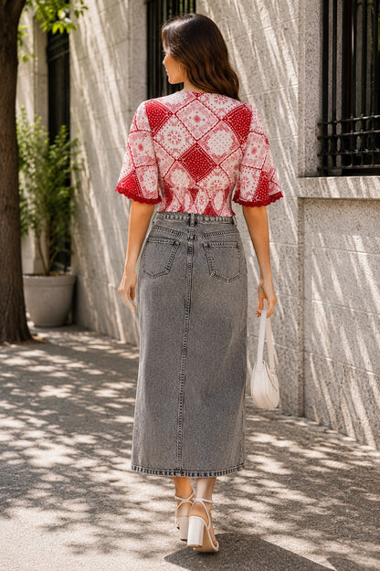 Casual Bell Sleeves Printed Women Red Top