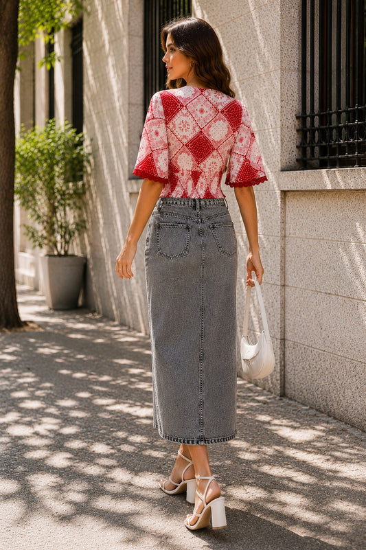 Casual Bell Sleeves Printed Women Red Top