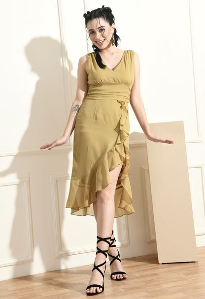 Women Fit and Flare Beige Midi/Calf Length Dress