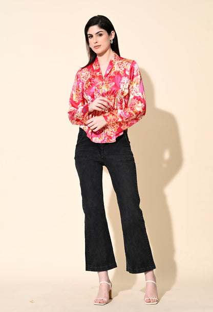 Party Bell Sleeves Printed Women Pink Top