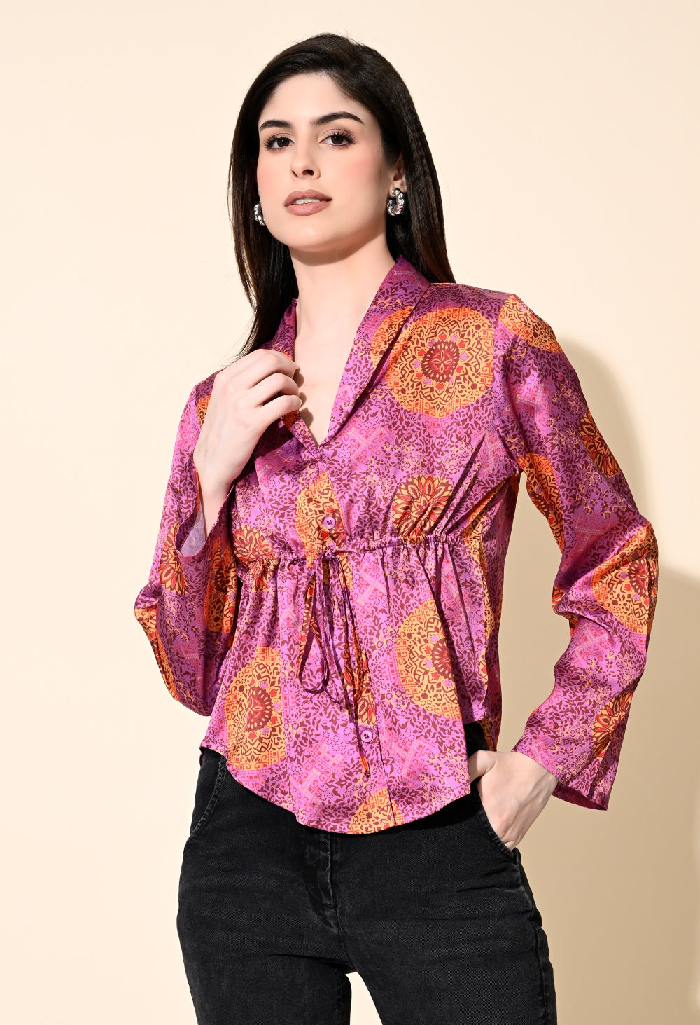 Party Bell Sleeves Printed Women Multicolor Top