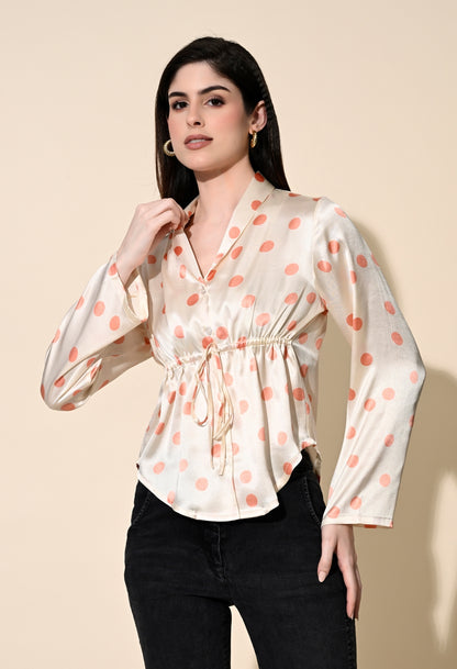Party Bell Sleeves Printed Women Beige Top