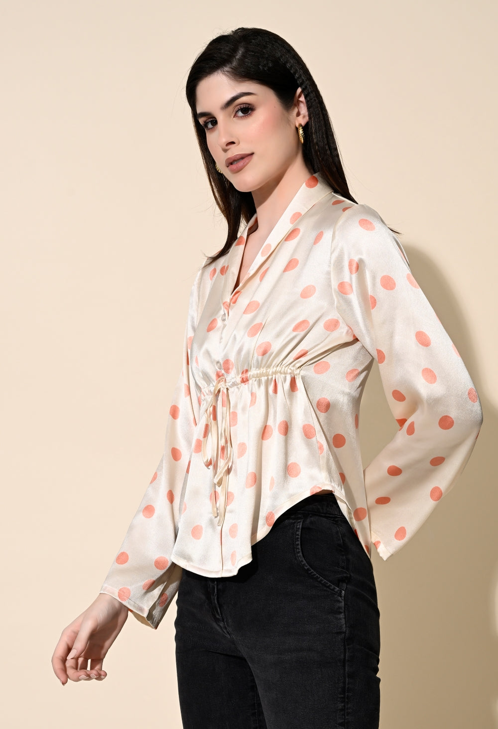 Party Bell Sleeves Printed Women Beige Top
