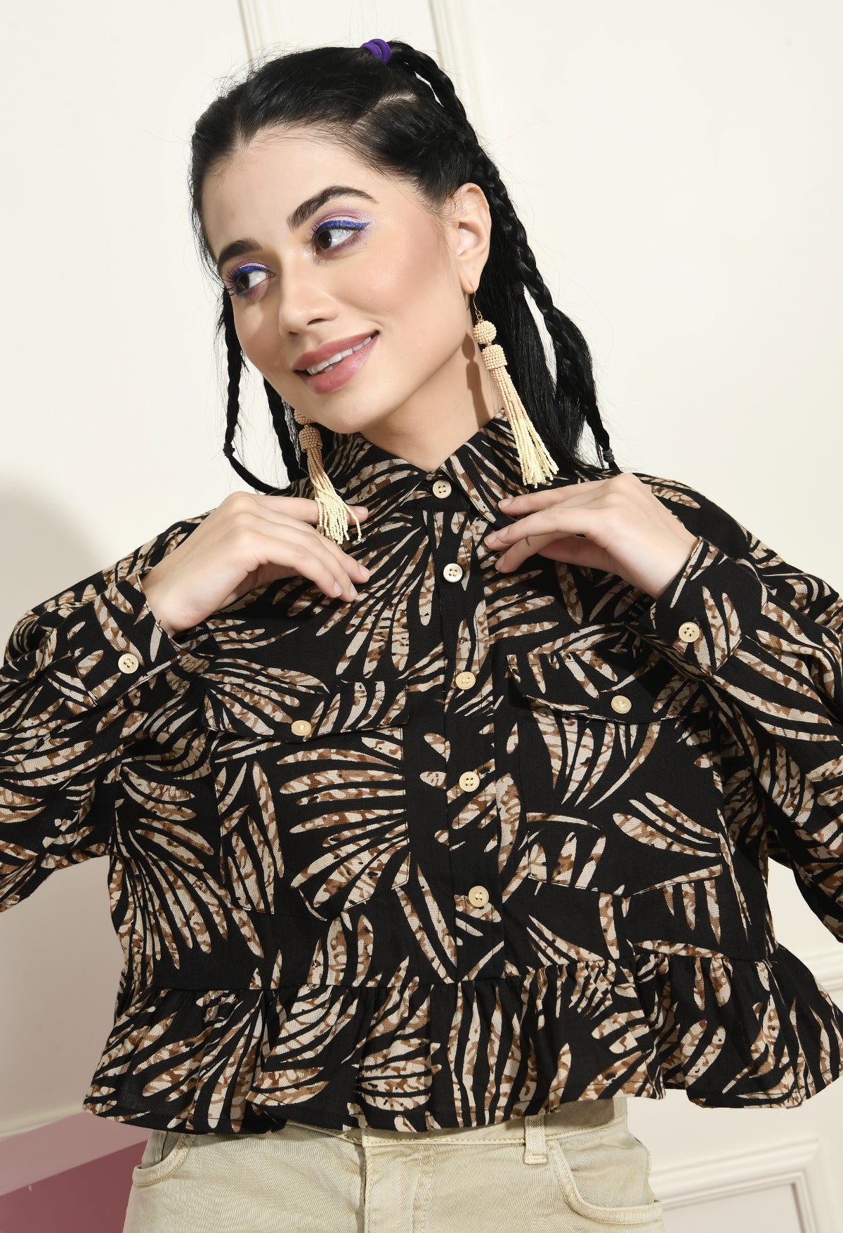 Women Boxy Fit Printed Spread Collar Casual Shirt