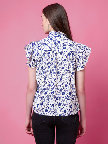 Casual Flutter Sleeves Floral Print, Printed Women Blue Top