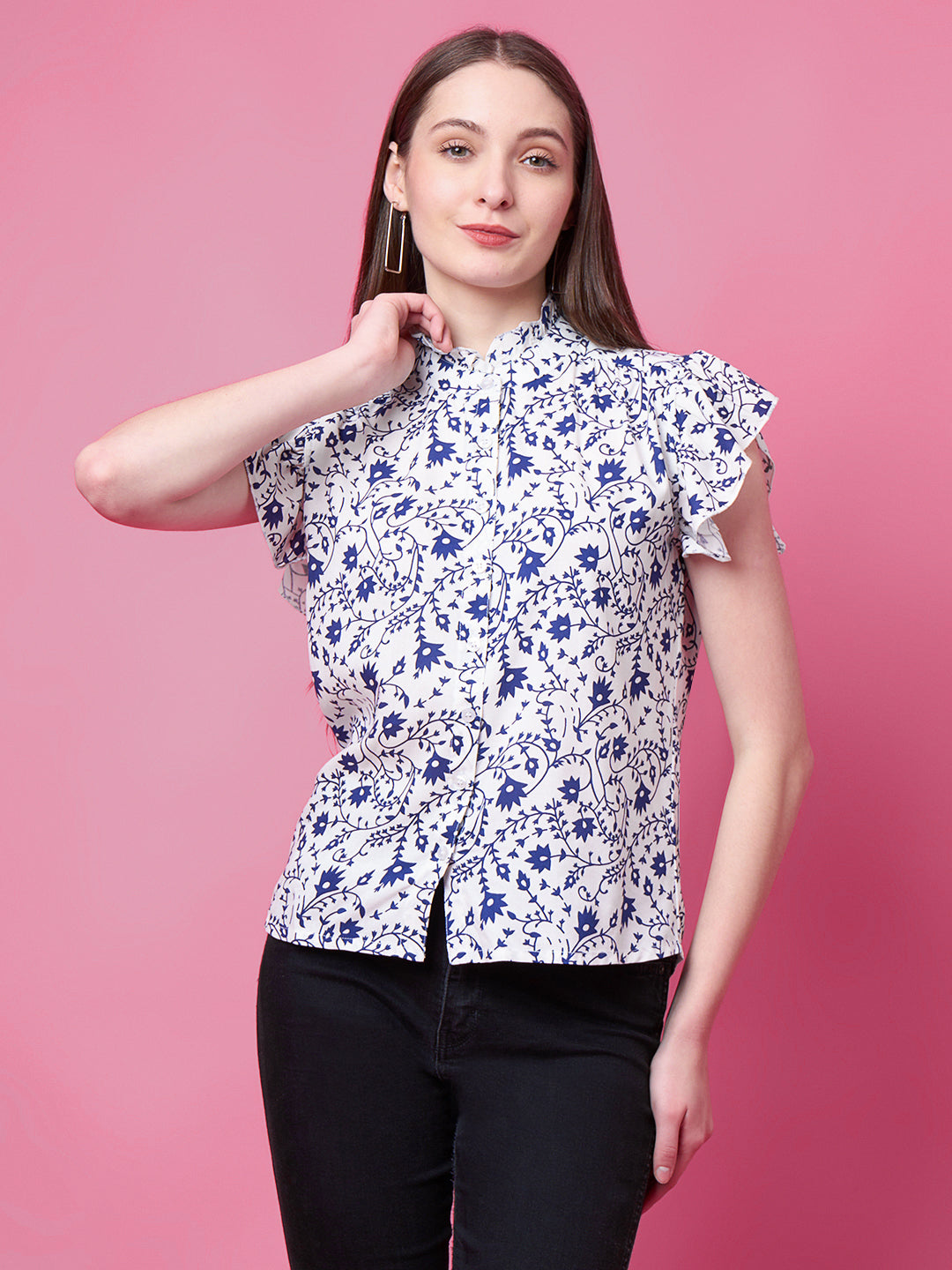Casual Flutter Sleeves Floral Print, Printed Women Blue Top