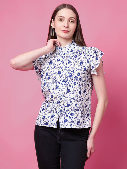 Casual Flutter Sleeves Floral Print, Printed Women Blue Top