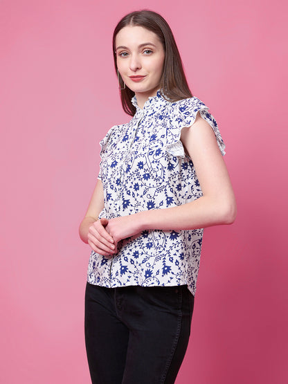 Casual Flutter Sleeves Floral Print, Printed Women Blue Top