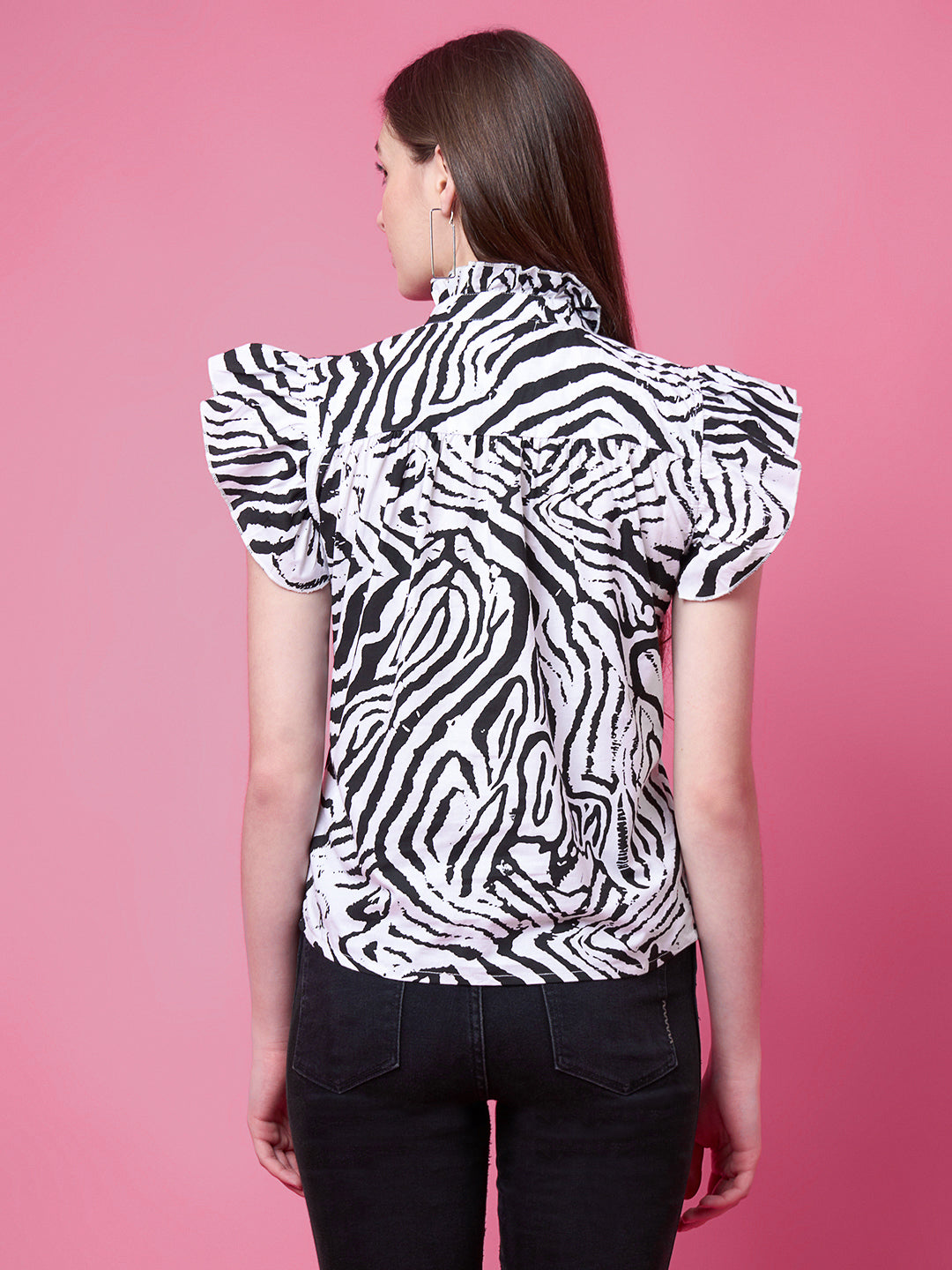 Party Ruffled Sleeves Animal Print, Printed Women White, Black Top