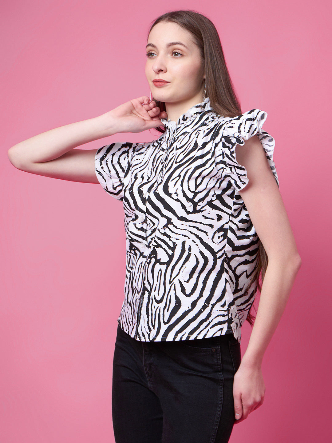Party Ruffled Sleeves Animal Print, Printed Women White, Black Top