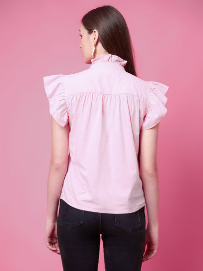 Casual Ruffled Sleeves Solid Women Pink Top