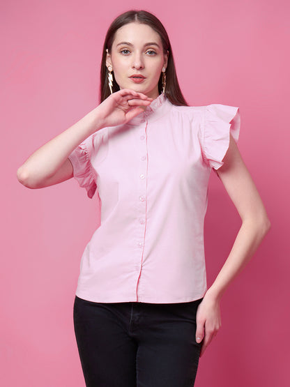 Casual Ruffled Sleeves Solid Women Pink Top