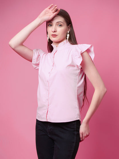 Casual Ruffled Sleeves Solid Women Pink Top