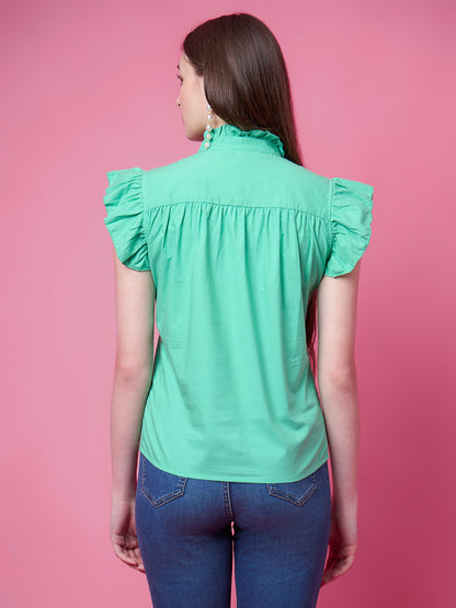Casual Ruffled Sleeves Solid Women Green Top
