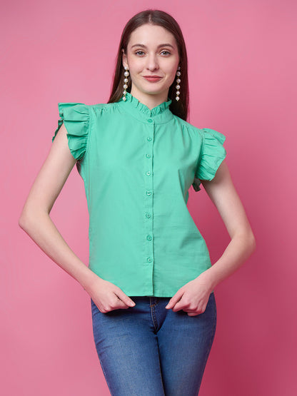 Casual Ruffled Sleeves Solid Women Green Top
