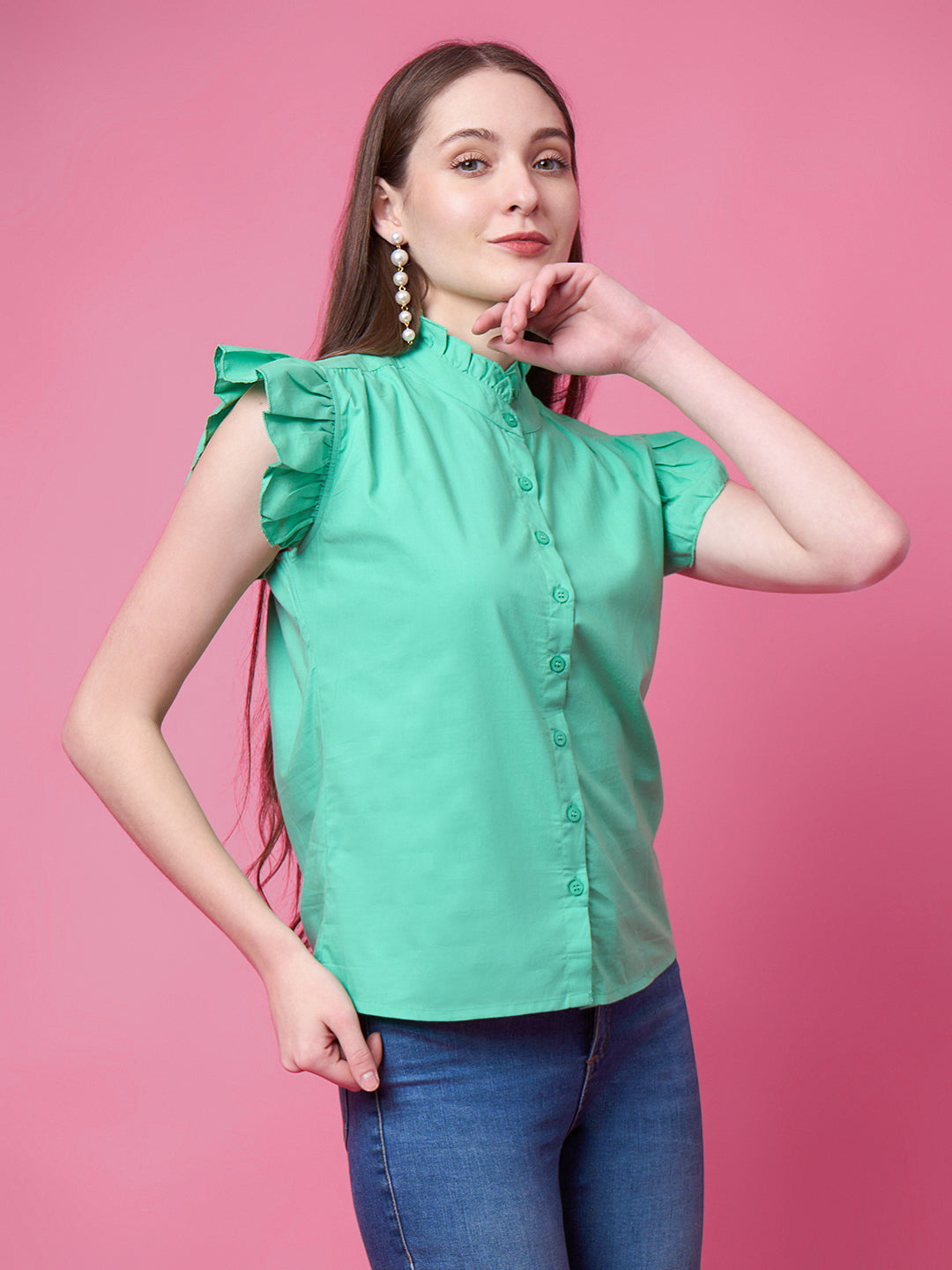 Casual Ruffled Sleeves Solid Women Green Top