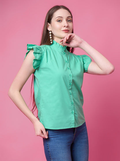 Casual Ruffled Sleeves Solid Women Green Top