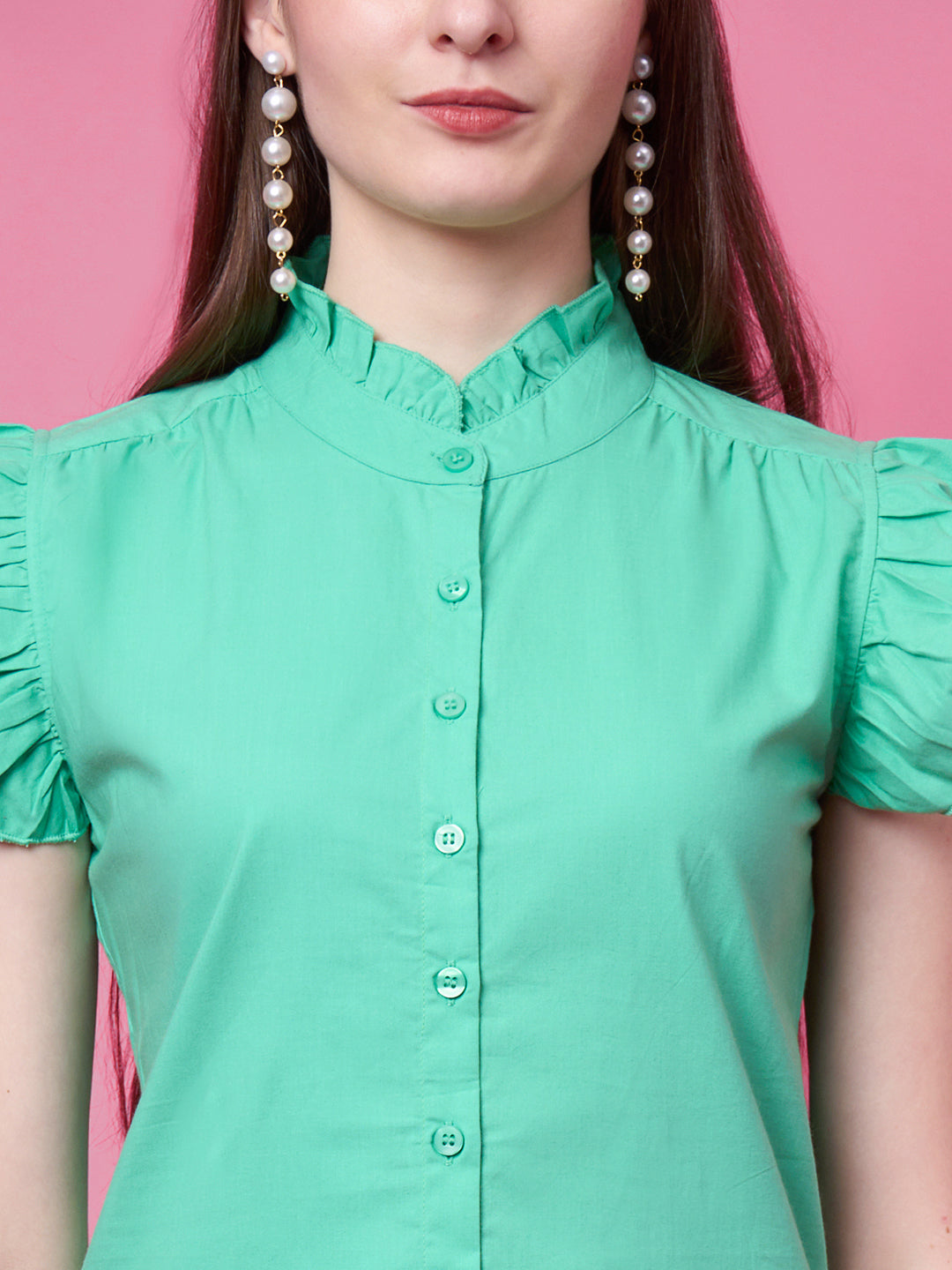 Casual Ruffled Sleeves Solid Women Green Top
