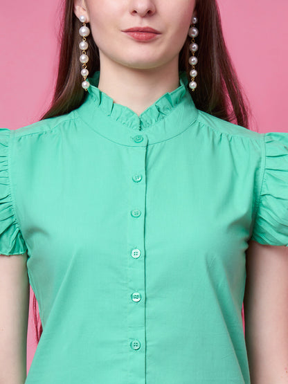 Casual Ruffled Sleeves Solid Women Green Top
