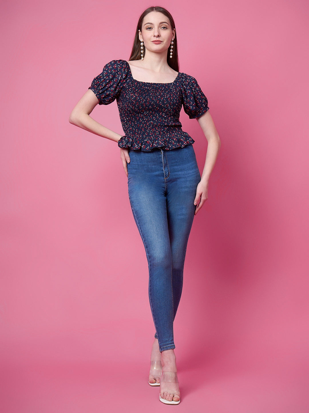 Casual Puff Sleeves Floral Print, Printed Women Blue Top