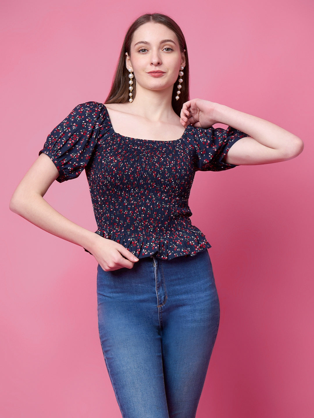 Casual Puff Sleeves Floral Print, Printed Women Blue Top