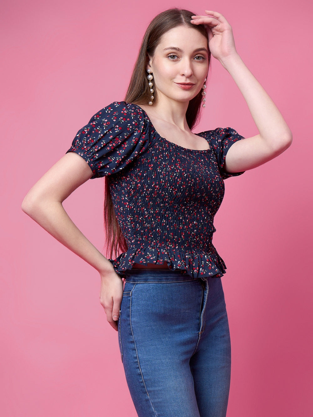 Casual Puff Sleeves Floral Print, Printed Women Blue Top