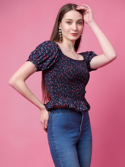 Casual Puff Sleeves Floral Print, Printed Women Blue Top