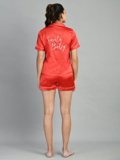 Women Top & Shorts Set Red Solid