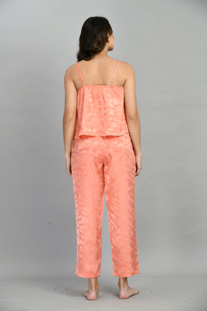 Women Night Suit Set Orange Self Design