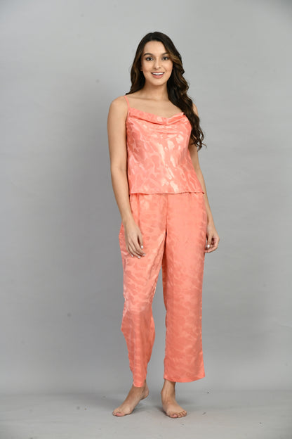 Women Night Suit Set Orange Self Design