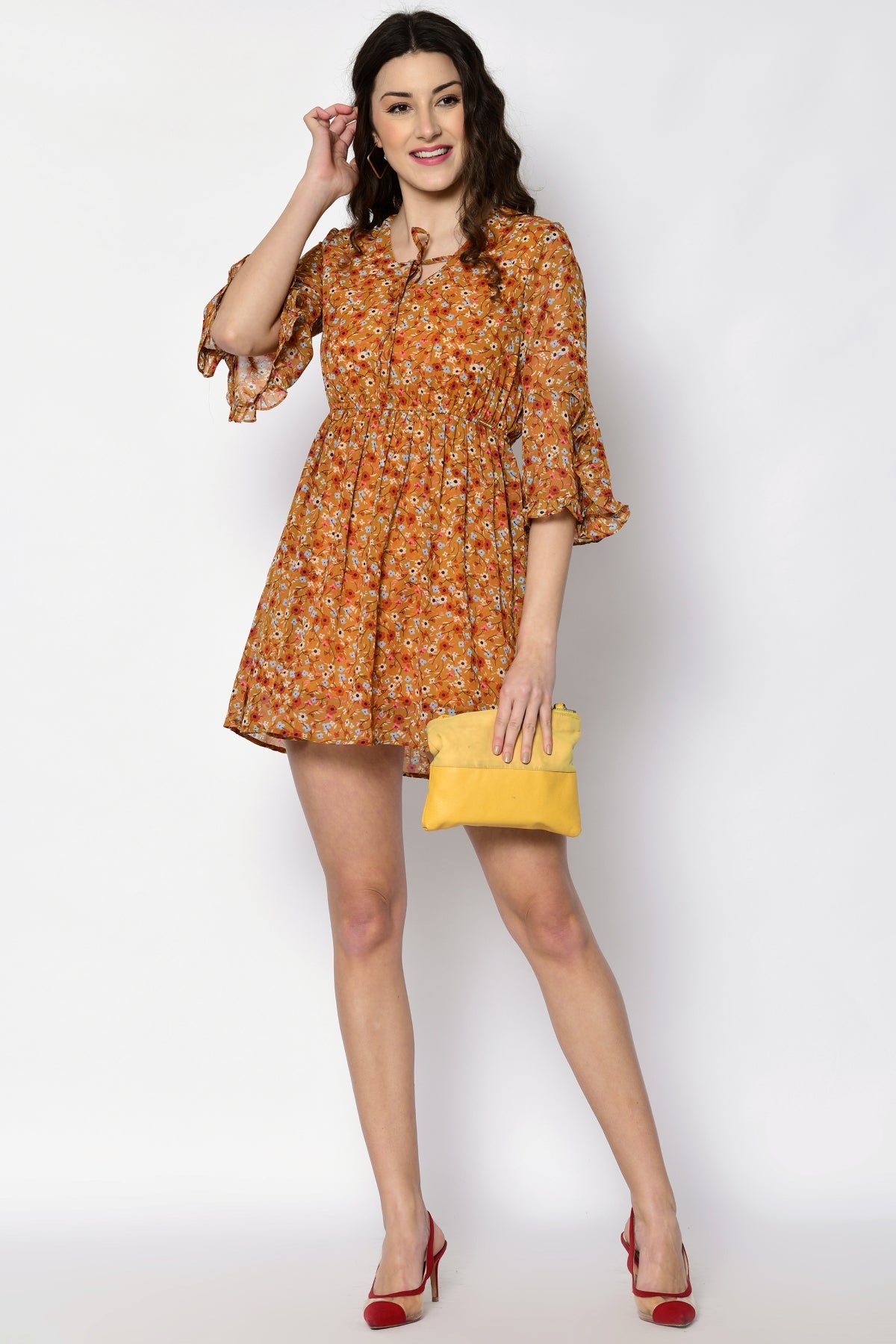 Women Fit and Flare Yellow Mini/Short Dress