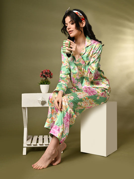 Women Shirt & Pyjama set Green Floral Print