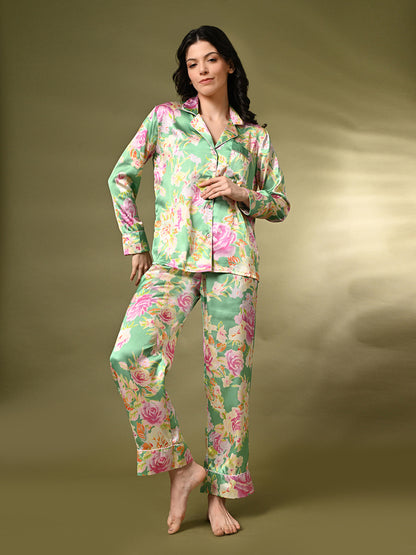 Women Shirt & Pyjama set Green Floral Print