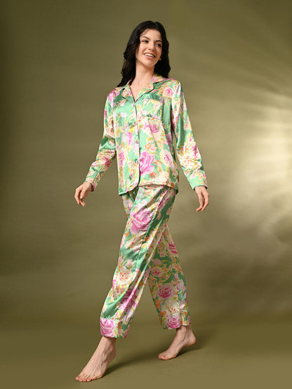 Women Shirt & Pyjama set Green Floral Print