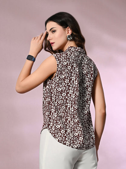 Casual Sleeveless Printed Women Brown Top