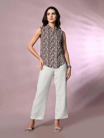 Casual Sleeveless Printed Women Brown Top