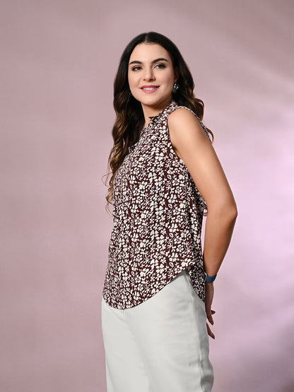 Casual Sleeveless Printed Women Brown Top